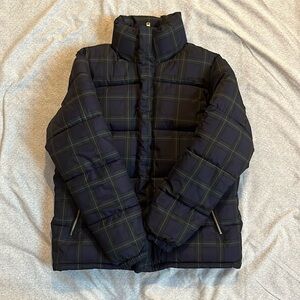 Navy Blue Plaid Puffer Jacket